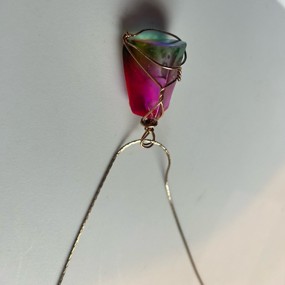 Handmade Iridescent Rainbow Pendant Gold Tone Chain Necklace Boho Jewelry - Picture 9 of 13